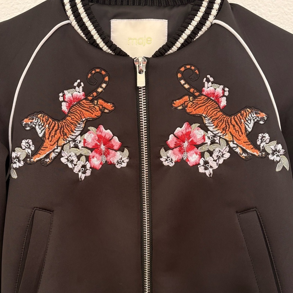 MAJE Mercure Embroidered Satin Bomber Jacket Size 38/ 2 / XS - Picture 2 of 13